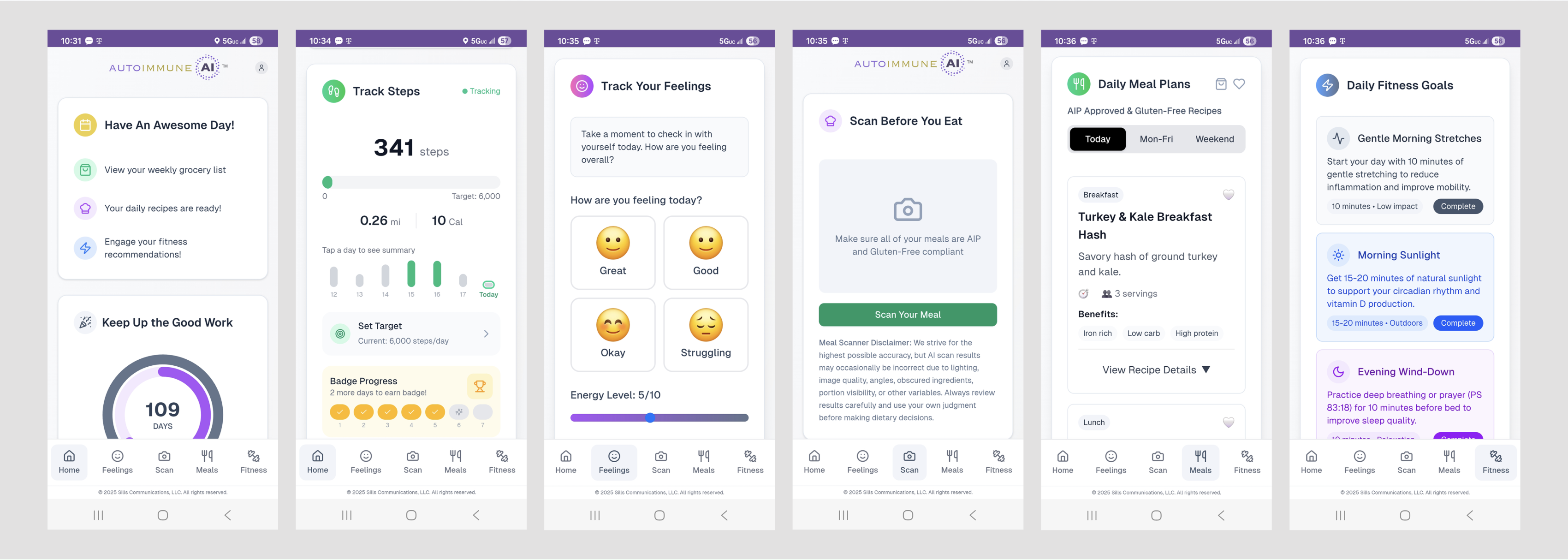 Six AutoimmuneAI Health app screens: home dashboard with daily streak, step tracking, mood check-in, AI meal scanner, daily meal plans, and daily fitness goals