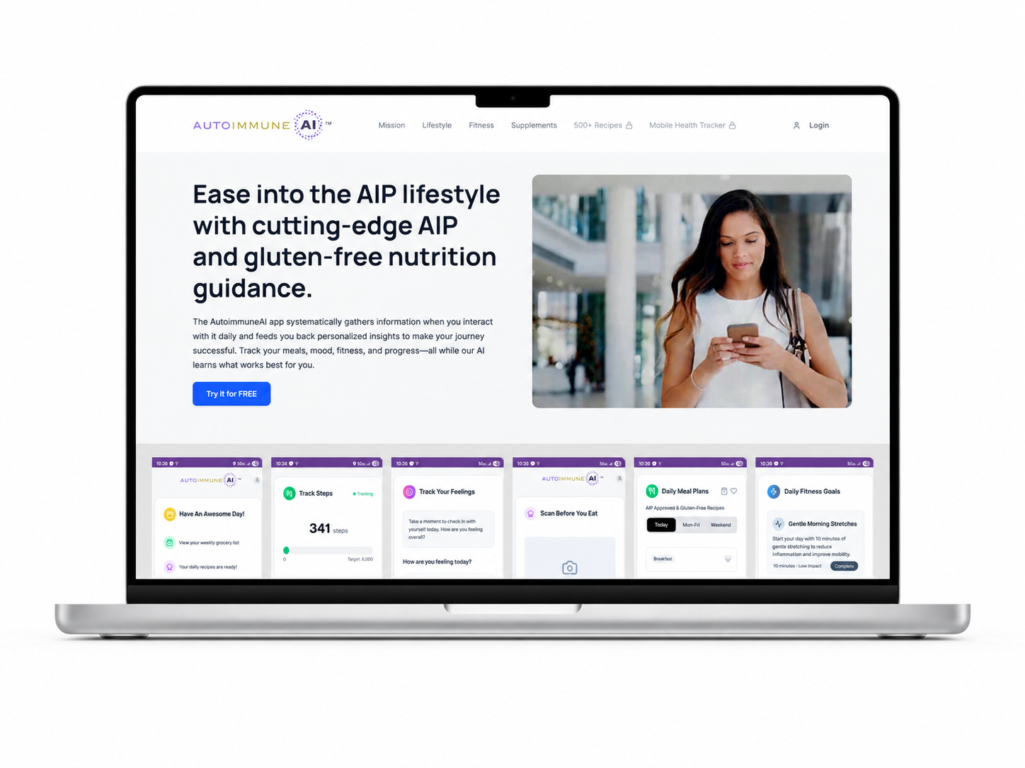 AutoimmuneAI Health app explainer page on a laptop: ease into the AIP lifestyle with cutting-edge AIP and gluten-free nutrition guidance, with a strip of six app screens below