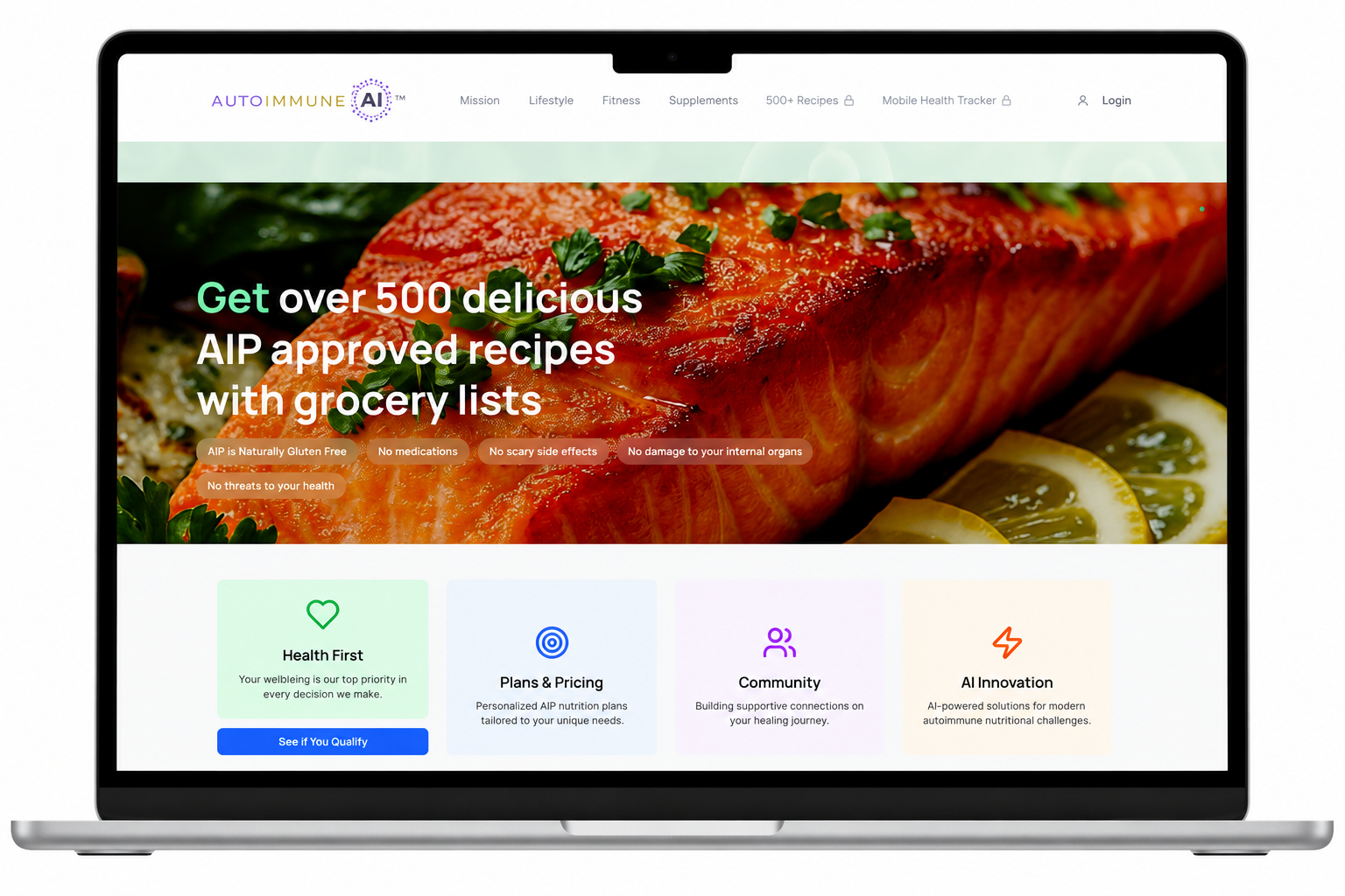 AutoimmuneAI Health homepage on a laptop: over 500 delicious AIP approved recipes with grocery lists, with a salmon hero image