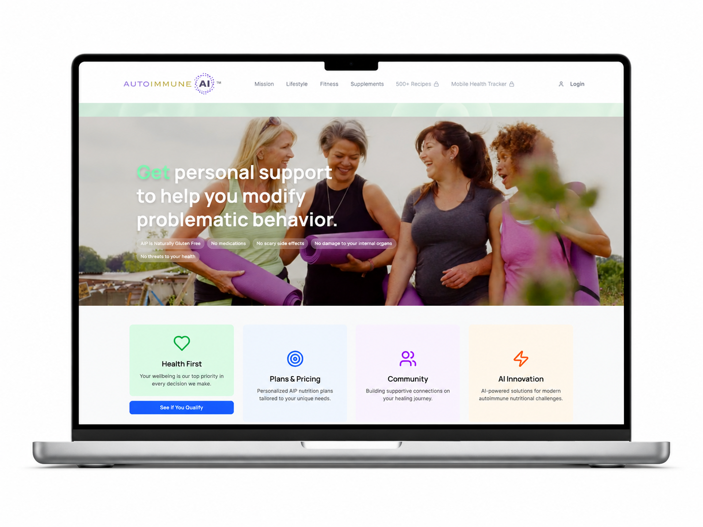 AutoimmuneAI Health homepage on a laptop: personal support to help modify problematic behavior, with women holding yoga mats
